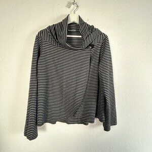 Karen Klein Womens Black/Gray Striped Front Button Cowl Neck Cardigan Sweater